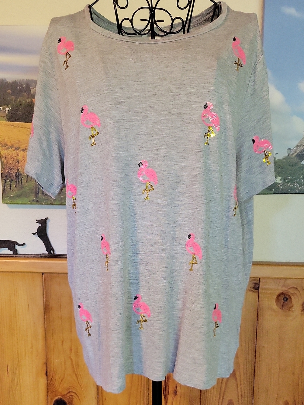 H&M Light Gray Tee with Sequin Pink Flamingo
